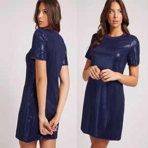 Guess All Over Sequin Mini Blue Dress Dalila Short Sleeve Stretchy Loose Fit